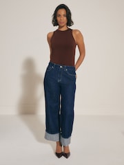 Rinse Blue Cropped Turn Up Wide Leg 100% Cotton Jeans - Image 2 of 7