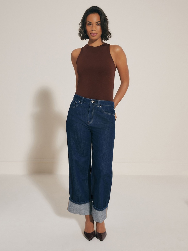 Rinse Blue Cropped Turn Up Wide Leg 100% Cotton Jeans - Image 2 of 7