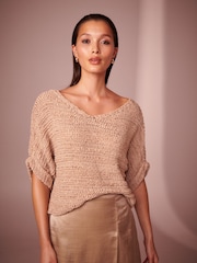 Neutral Brown Short Sleeve Stitch Top - Image 1 of 7