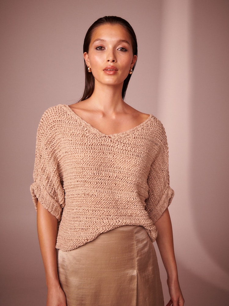 Neutral Brown Short Sleeve Stitch Top - Image 1 of 7