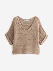 Neutral Brown Short Sleeve Stitch Top - Image 6 of 7