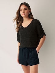 Black Short Sleeve Stitch Top - Image 1 of 5