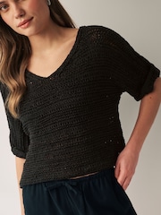 Black Short Sleeve Stitch Top - Image 3 of 5