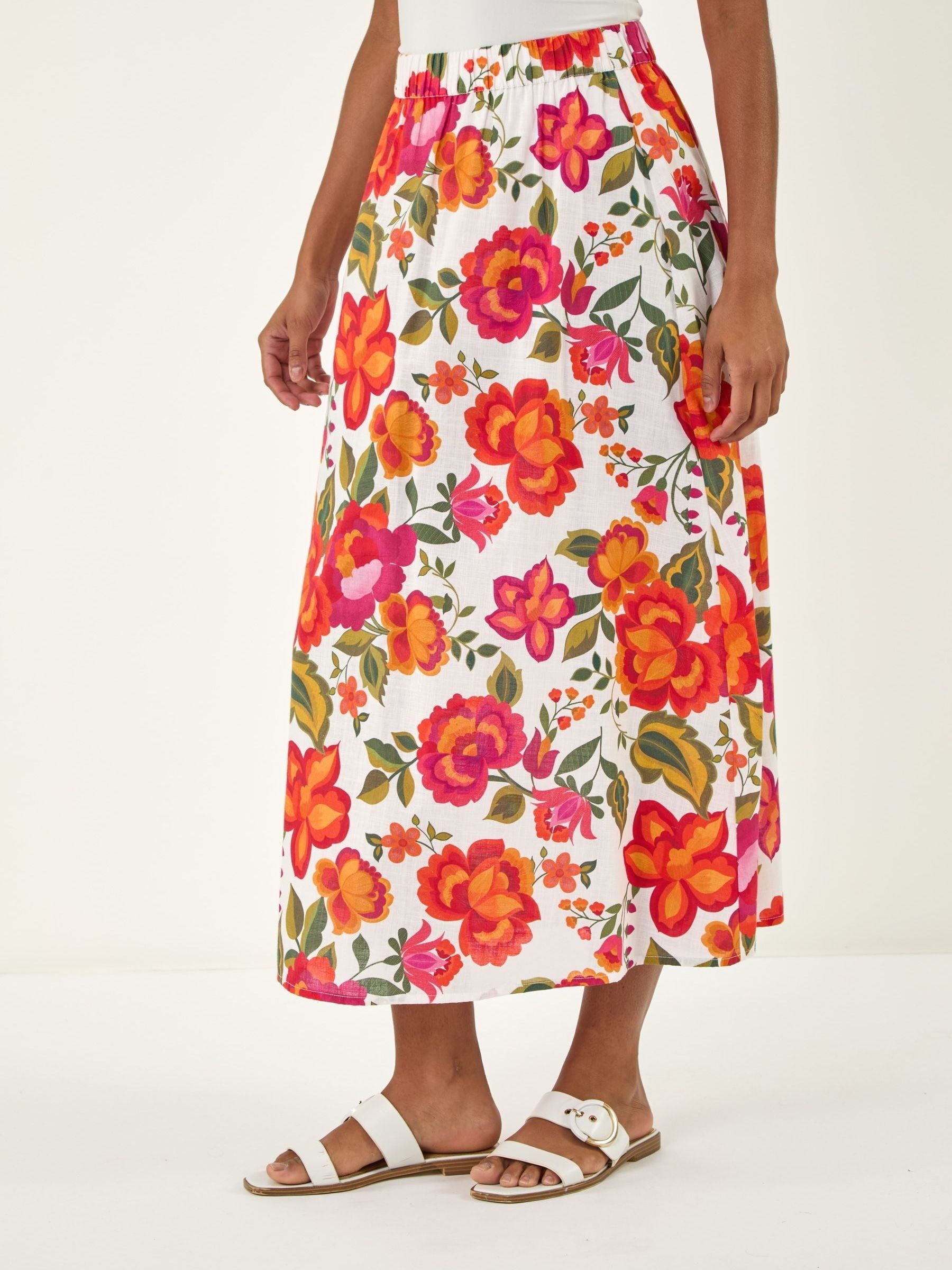 Roman Originals Women's Orange Roman Dusk Floral A-Line Midi Skirt Size 14 - Image 3