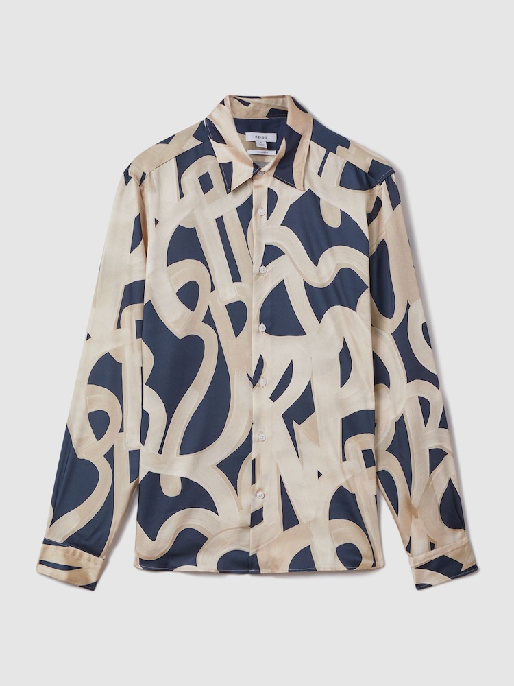 Reiss Navy/Ecru Jude Painted Button-Through Shirt - Image 2 of 6 Reiss Navy/Ecru Jude Painted Button-Through Shirt - Image 2 of 6