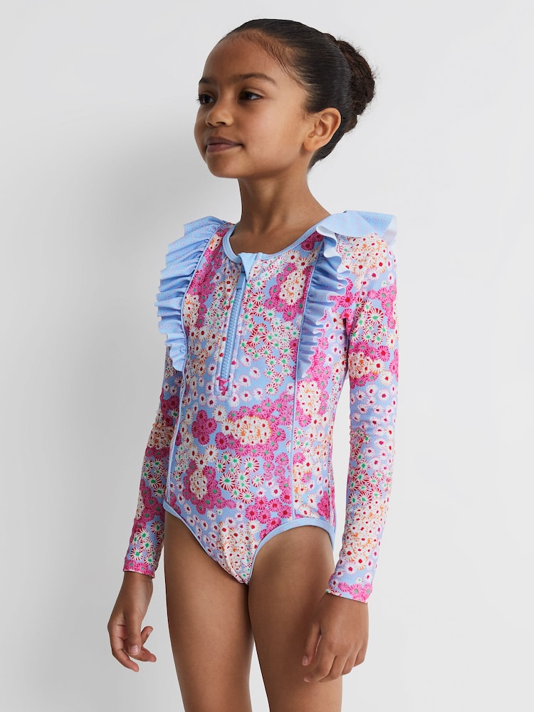Reiss Pink Poppy 4-9 yrs Floral Print Ruffle Long Sleeve Swimsuit - Image 1 of 6