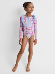 Reiss Pink Poppy 4-9 yrs Floral Print Ruffle Long Sleeve Swimsuit - Image 3 of 6