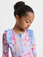 Reiss Pink Poppy 4-9 yrs Floral Print Ruffle Long Sleeve Swimsuit - Image 4 of 6