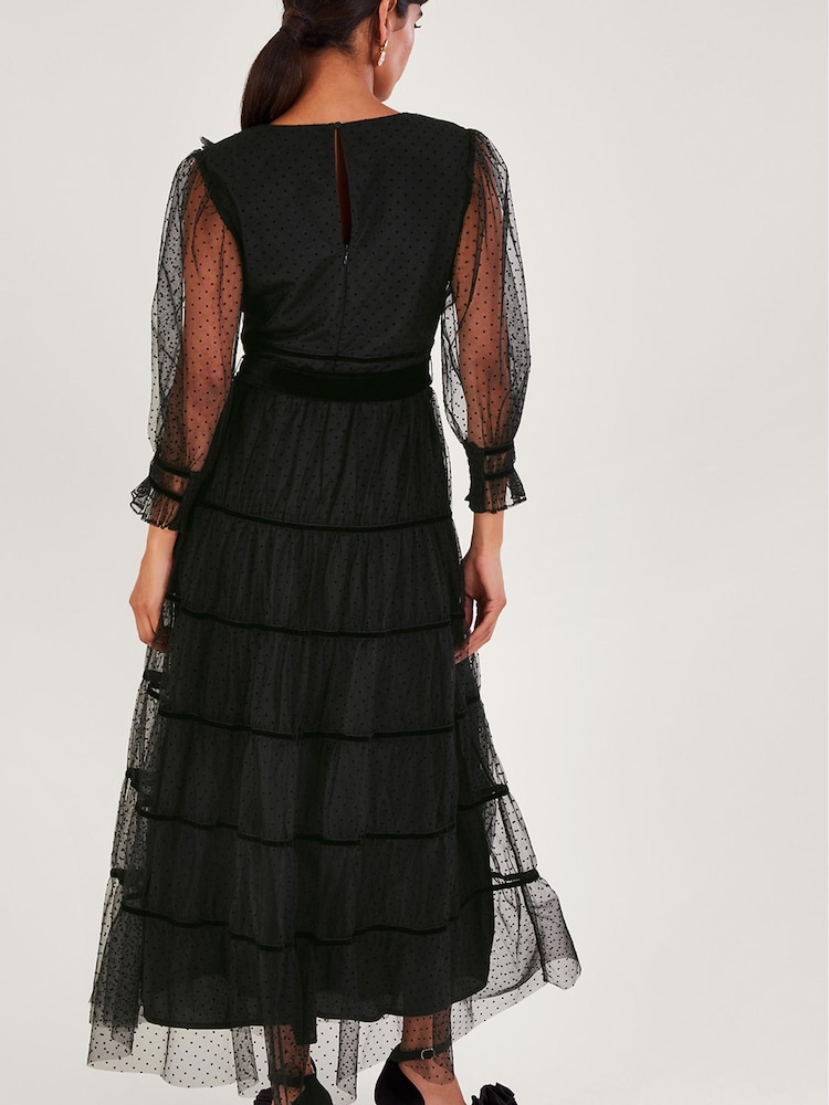 Monsoon Black Shayla Spot Tiered Dress - Image 2 of 4 Monsoon Black Shayla Spot Tiered Dress - Image 2 of 4
