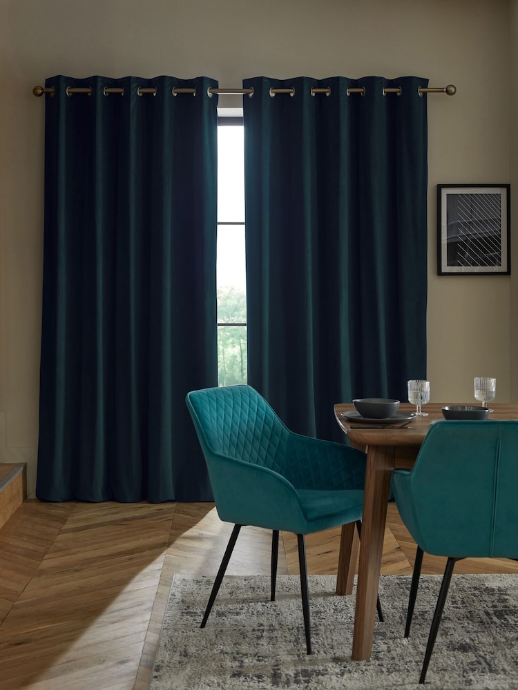 Blue Dark Teal Matte Velvet Blackout/Thermal Curtains - Image 6 of 8