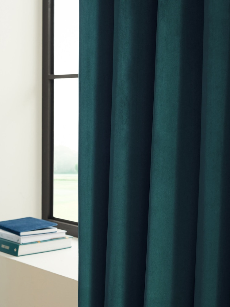 Blue Dark Teal Matte Velvet Blackout/Thermal Curtains - Image 7 of 8