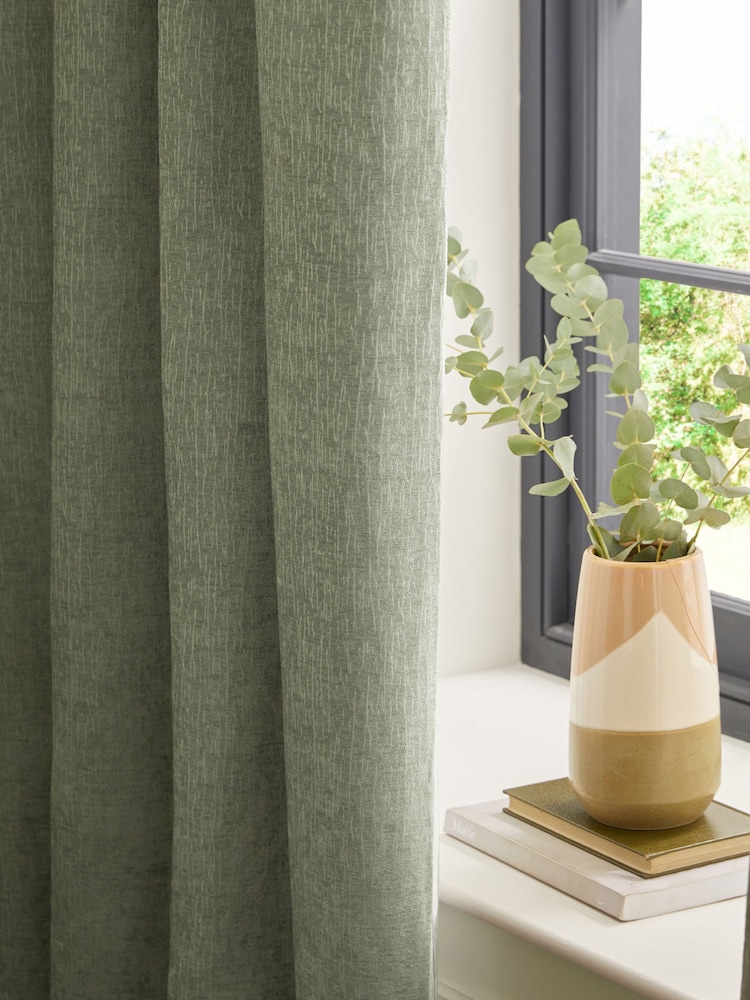 Green Sage Heavyweight Chenille Pencil Pleat Blackout/Thermal Curtains - Image 6 of 9