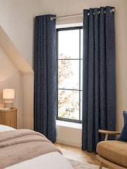 Blue Dark Navy Heavyweight Chenille Eyelet Blackout/Thermal Curtains - Image 3 of 8