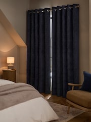 Blue Dark Navy Heavyweight Chenille Eyelet Blackout/Thermal Curtains - Image 6 of 8