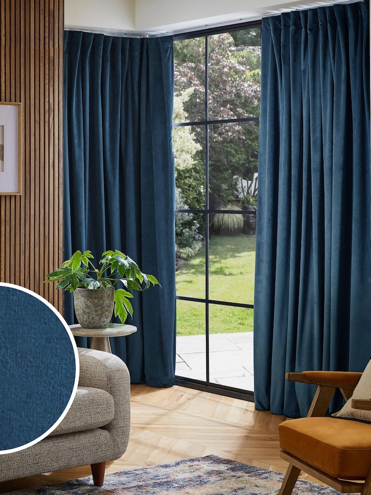 Navy Blue Matte Velvet Wave Header Blackout/Thermal Curtains - Image 1 of 7