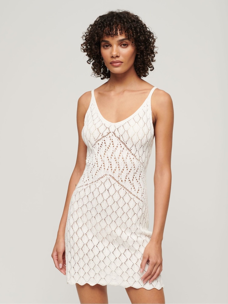 Superdry White Mini 100% Cotton Crochet Cami Dress - Image 1 of 5