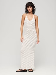 Superdry White 100% Cotton Crochet Halter Maxi Dress - Image 1 of 3