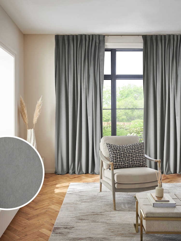 Charcoal Grey Matte Velvet Wave Header Blackout/Thermal Curtains - Image 1 of 7