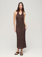 Superdry Brown 100% Cotton Crochet Halter Maxi Dress - Image 1 of 4