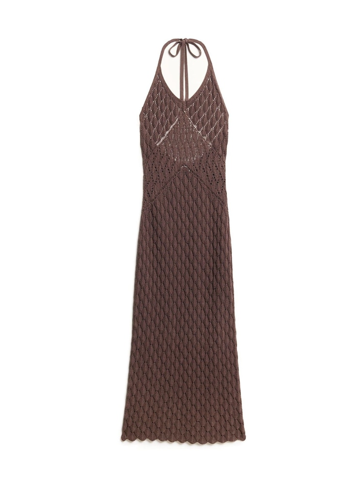 Superdry Brown 100% Cotton Crochet Halter Maxi Dress - Image 2 of 4