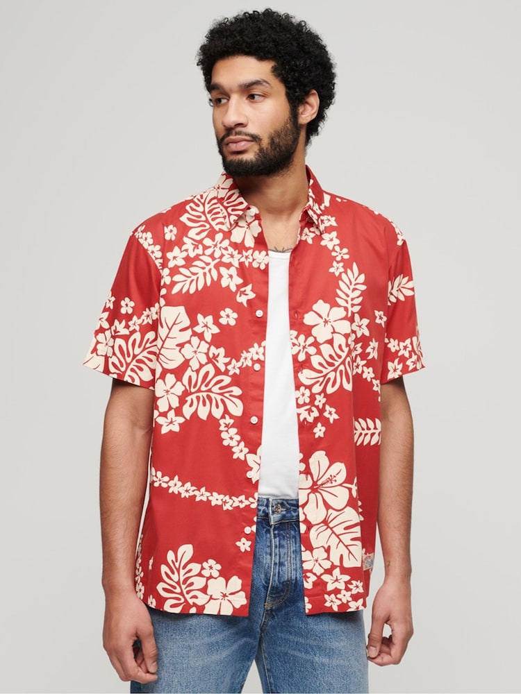 Superdry Red 100% Cotton Short Sleeve Hawaiian Printed Shirt - Image 1 of 6