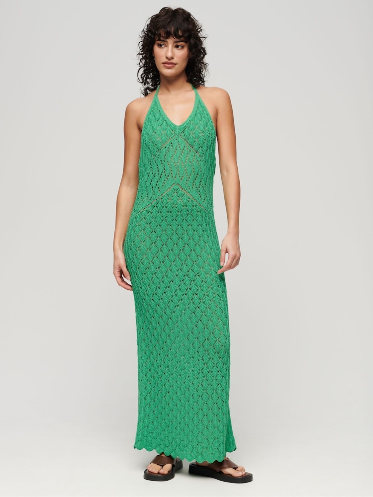 Superdry Green Crochet Halter Maxi 100% Cotton Dress - Image 1 of 3