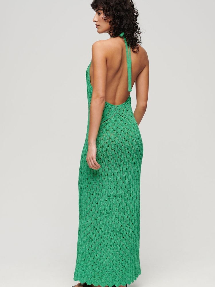Superdry Green Crochet Halter Maxi 100% Cotton Dress - Image 2 of 3