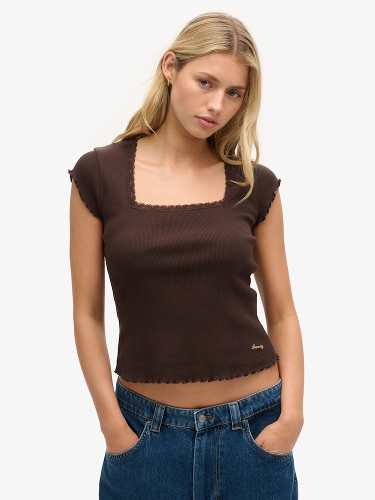 Superdry Brown Essential Square Neck T-Shirt - Image 1 of 4
