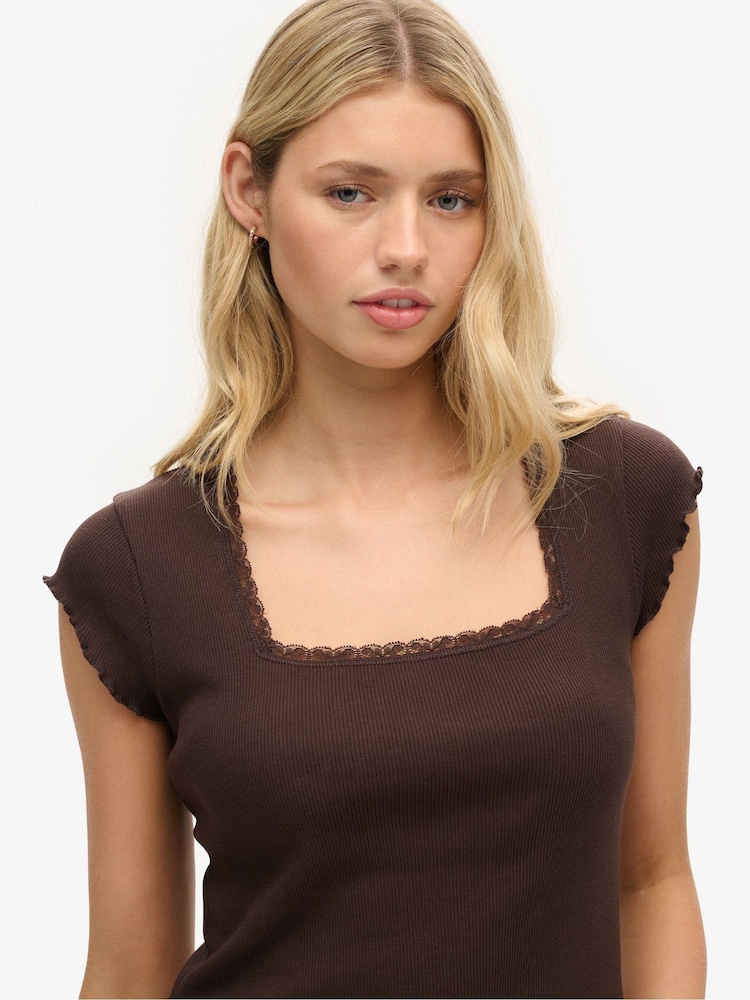 Superdry Brown Essential Square Neck T-Shirt - Image 4 of 4