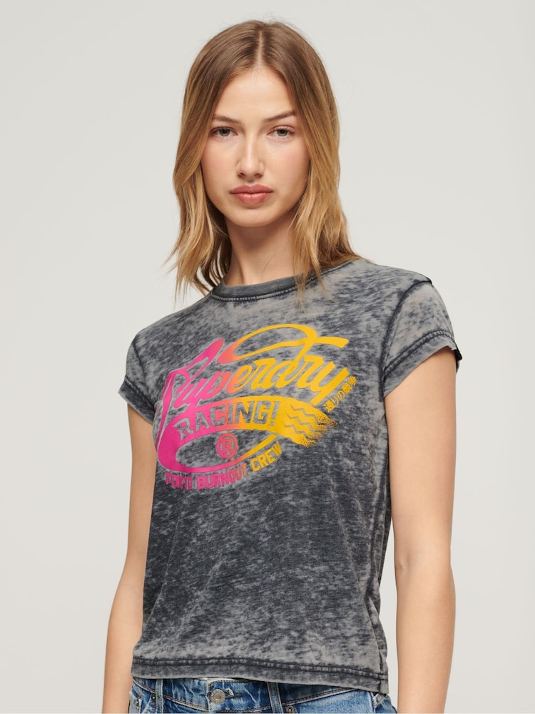 Superdry Grey Fade Rock Graphic Cap Sleeve 100% Cotton T-Shirt - Image 1 of 3