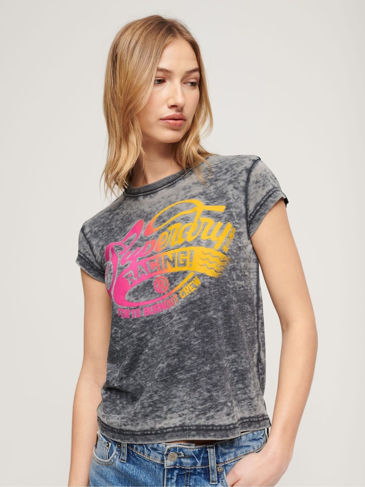 Superdry Grey Fade Rock Graphic Cap Sleeve 100% Cotton T-Shirt - Image 3 of 3