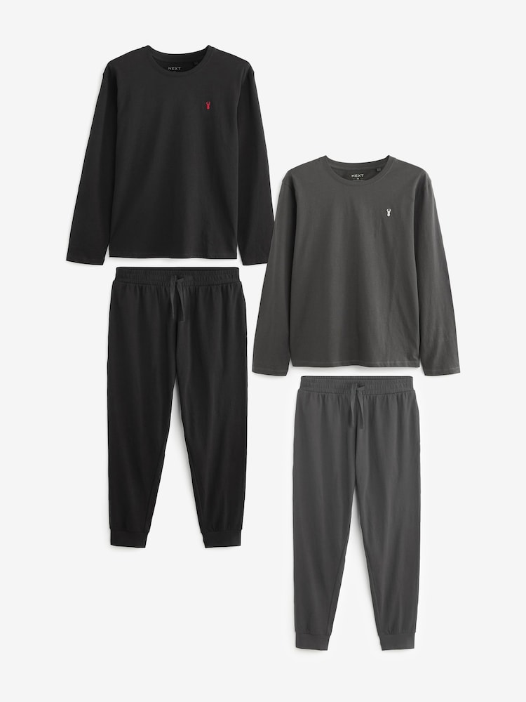 Schwarz/Grau - Long Sleeve Cuffed 100% Cotton Pyjamas 2 Pack - Bild 1 von 16 Schwarz/Grau - Long Sleeve Cuffed 100% Cotton Pyjamas 2 Pack - Bild 1 von 16