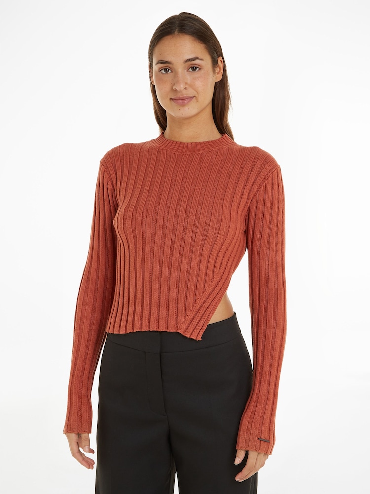 Calvin Klein Brown Cotton Blend Split Sweater - Image 1 of 6 Calvin Klein Brown Cotton Blend Split Sweater - Image 1 of 6