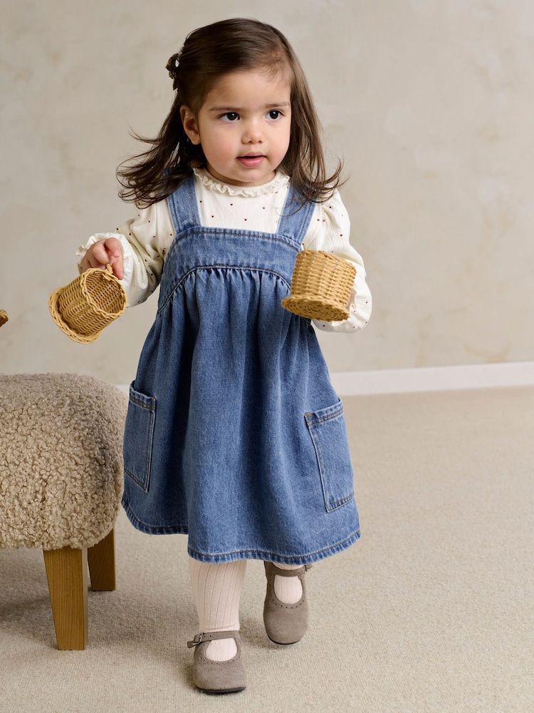 Mamas & Papas Blue Denim Pinny Dress & Heart Bodysuit Set - Image 2 of 7