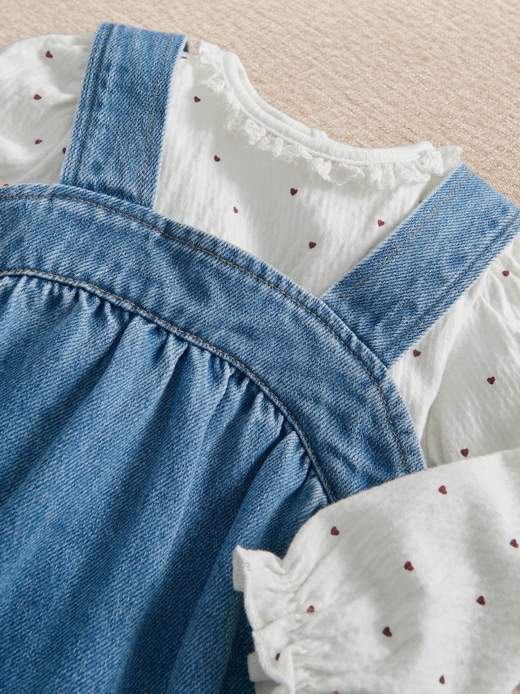 Mamas & Papas Blue Denim Pinny Dress & Heart Bodysuit Set - Image 7 of 7