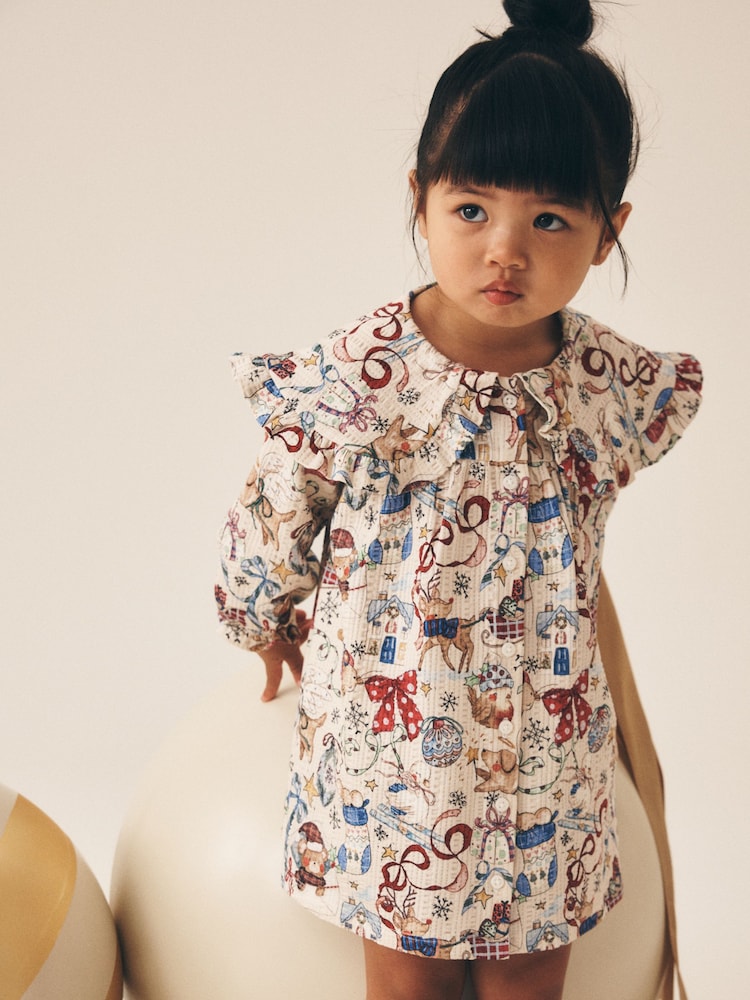 Cream Christmas Santa Bear Long Sleeve Collar Dress (3mths-7yrs) - Image 2 of 8
