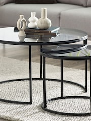 Julian Bowen Smoked Glass and Black Chicago Round Nesting Coffee Tables - Image 1 of 3