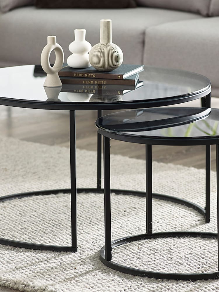 Julian Bowen Smoked Glass and Black Chicago Round Nesting Coffee Tables - Image 1 of 3