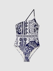 Reiss Navy/White Olivia Printed One-Shoulder Swimsuit - Image 2 of 5