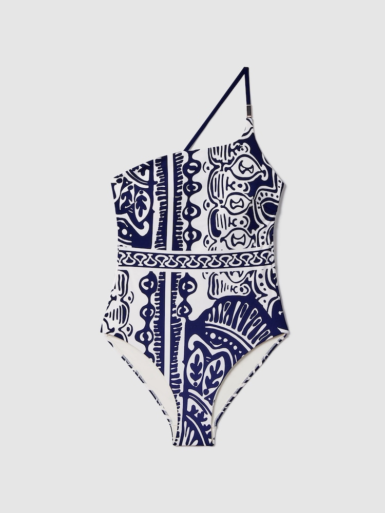 Reiss Navy/White Olivia Printed One-Shoulder Swimsuit - Image 2 of 5