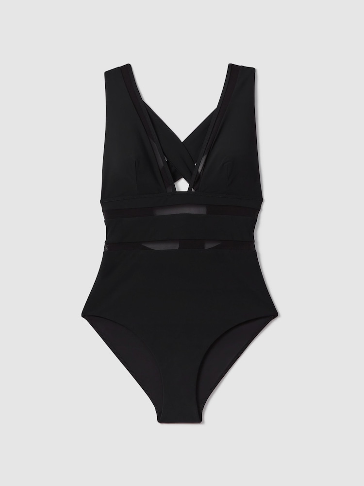 Reiss Black Harper Cross-Back Mesh Swimsuit - Image 2 of 6