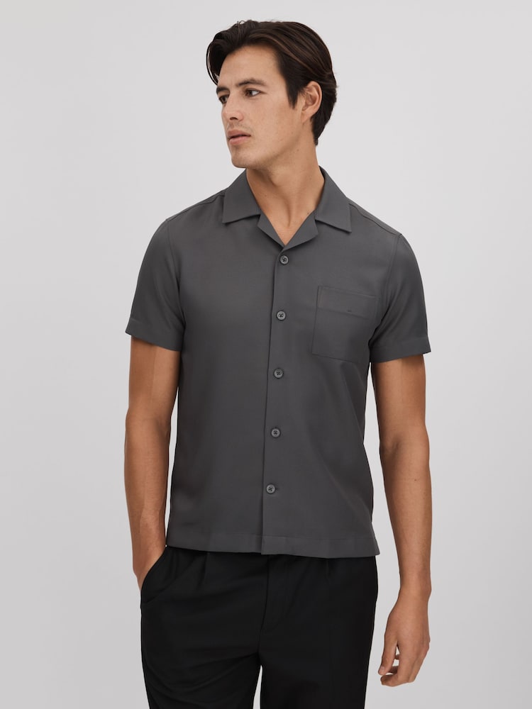 Reiss Charcoal Tokyo Cuban Collar Button-Through Shirt - Image 1 of 5