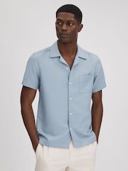 Reiss China Blue Tokyo Cuban Collar Button-Through Shirt - Image 1 of 6