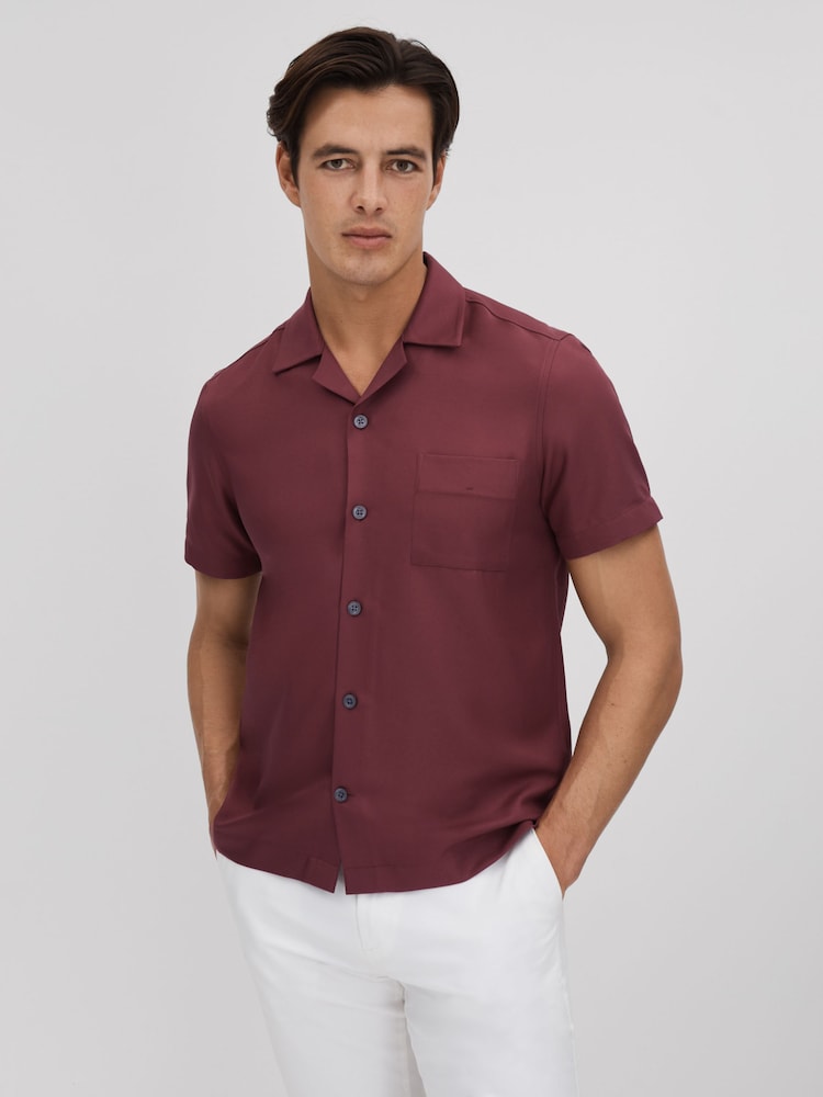 Reiss Brick Red Tokyo Cuban Collar Button-Through Shirt - Image 1 of 5