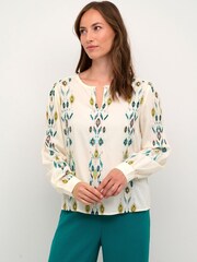 Cream Green Polly Printed Keyhole Neck Blouse - Image 1 of 1