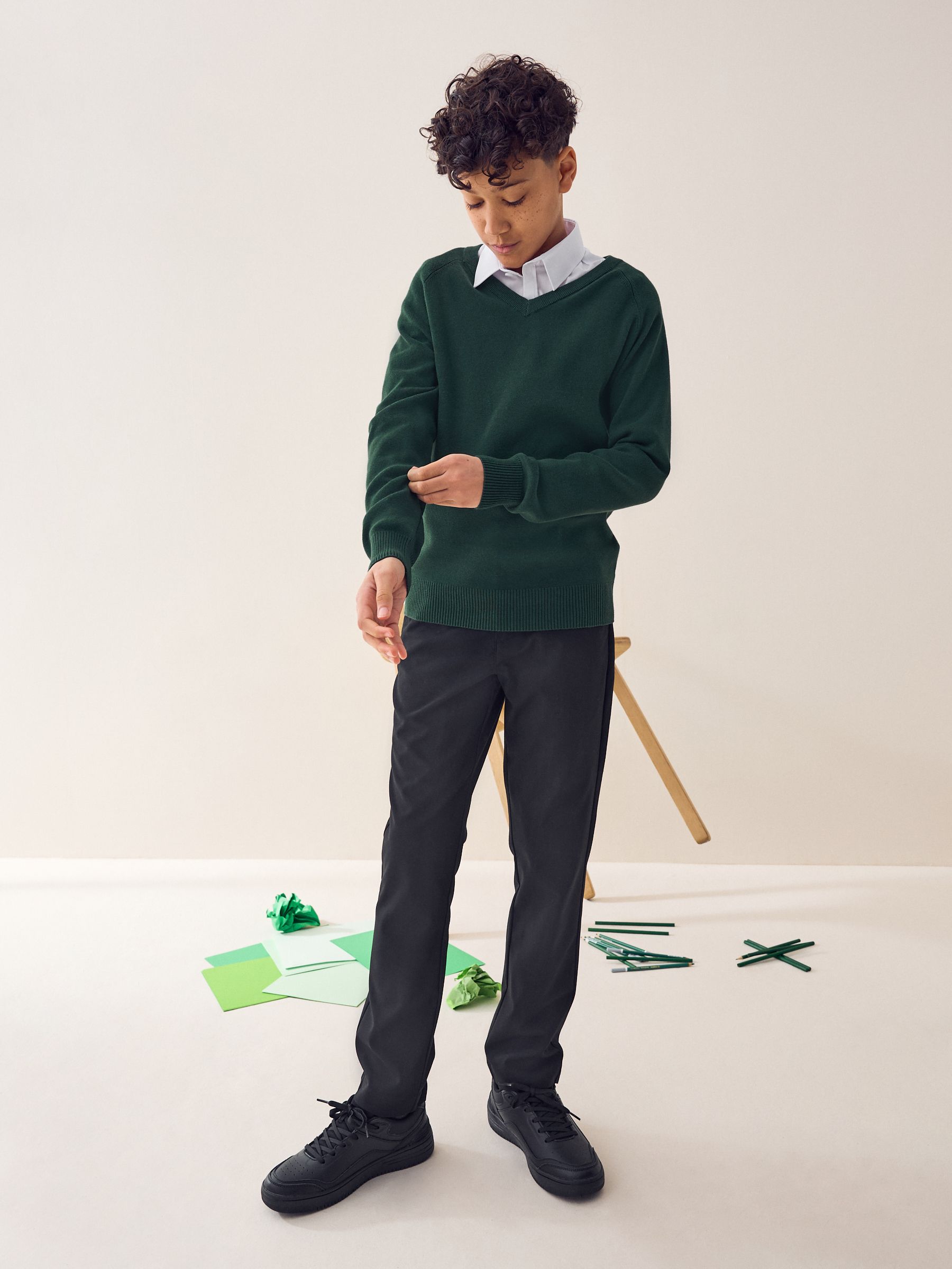 Next：日本 グリーン - ニット Vネック スクールセーター (3-16yrs