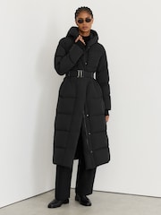 Reiss Black Larissa Petite Belted Longline Hooded Puffer Coat - Image 1 of 8