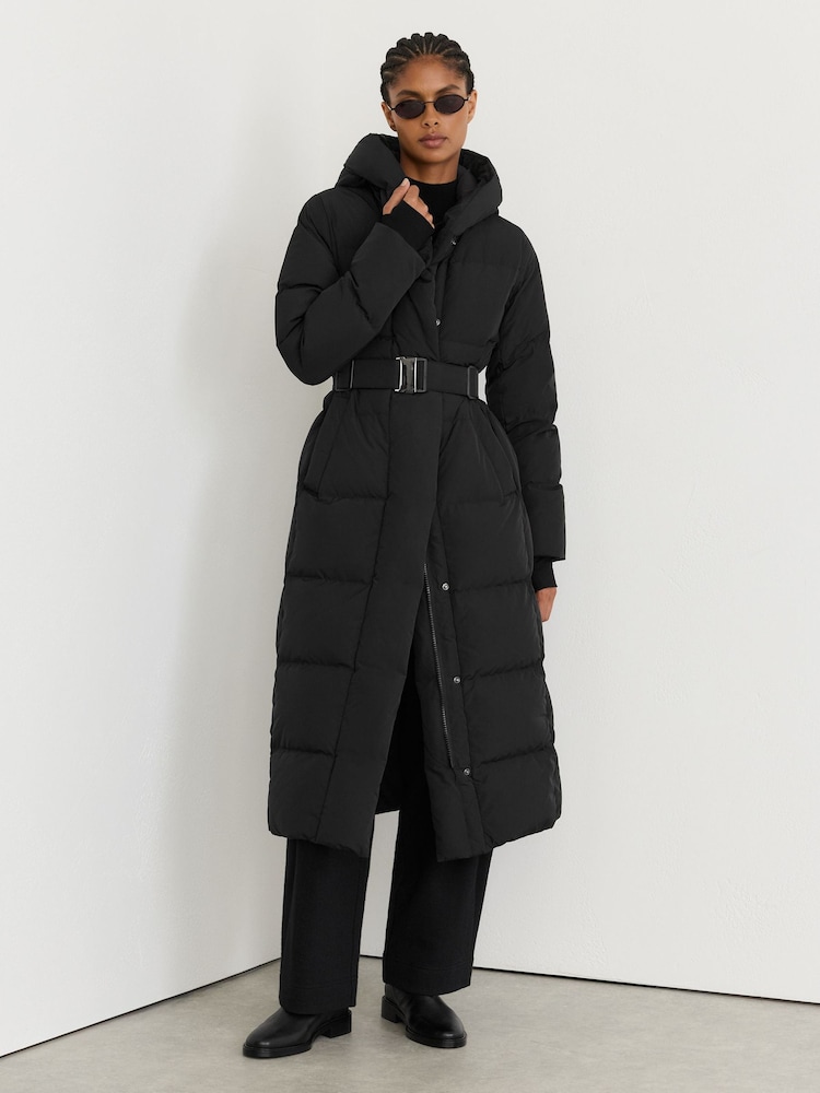 Reiss Black Larissa Petite Belted Longline Hooded Puffer Coat - Image 1 of 8