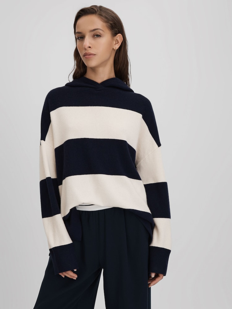Reiss Navy/Ivory Ally Wool Blend Striped Hoodie - Image 1 of 6