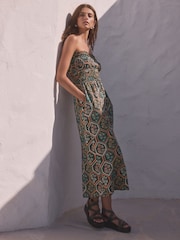 Teal Blue Jersey 100% Cotton Textured Bandeau Midi Dress - Image 2 of 7